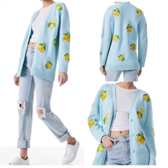 Alice + Olivia Sweaters - Alice + Olivia Bradford Lemon Cardigan in Powder Blue Combo